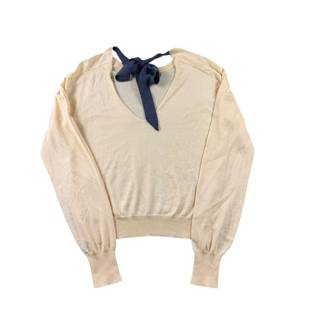 Eleventy Wool Silk V Neck Tie Back Sweater Yellow 980MA0428 Womens M NWT